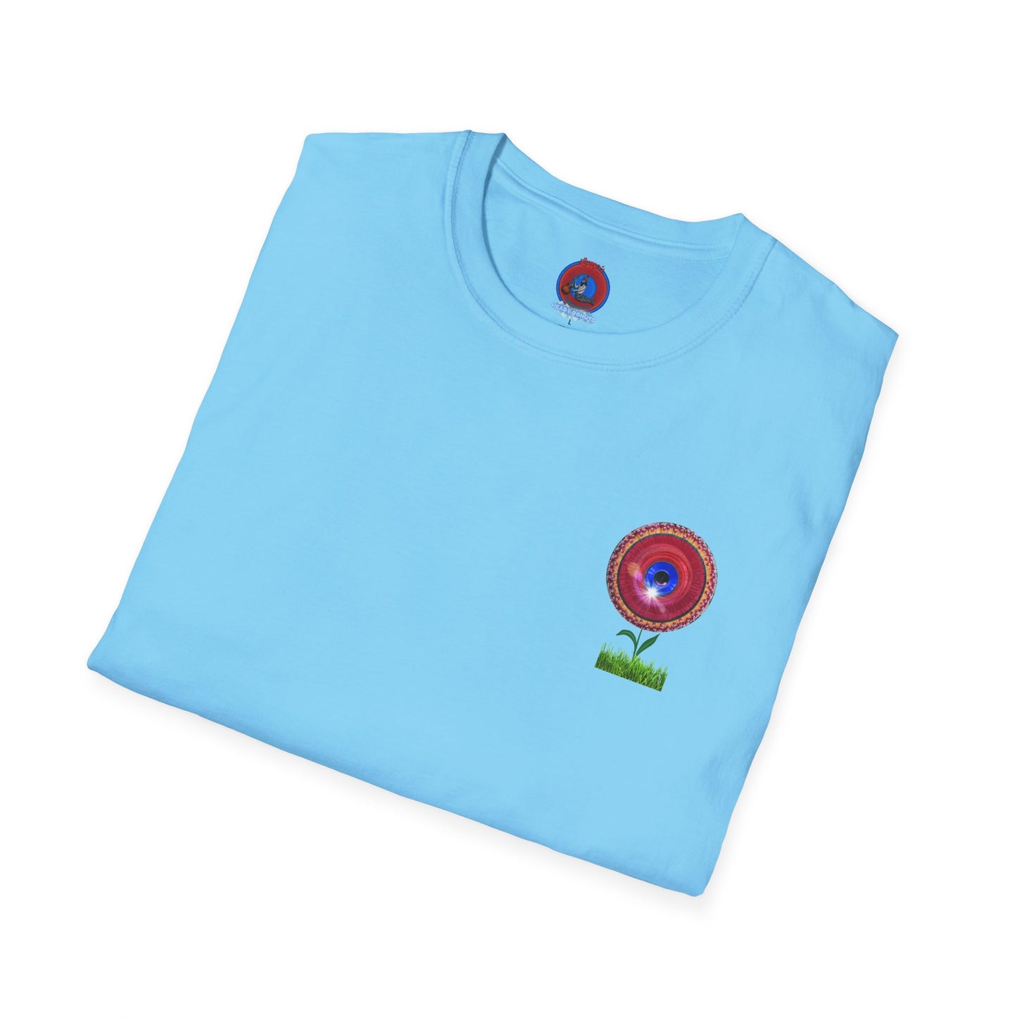 Classic Donut Tee - Unisex Soft-Style - "Smell the Donuts Outside on my Lawn"  " variant 1 - blue donut on red donut/flower