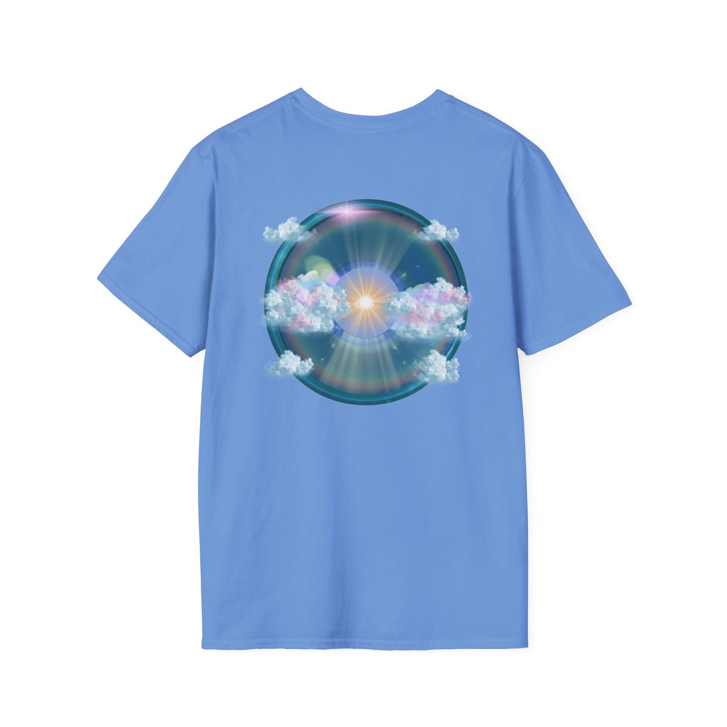 Classic Donut Tee - Unisex Soft-Style - "The Divided Donut" - variant 2 - blue donut  w/hole & sun [*50% to The Divided Sky Foundation]