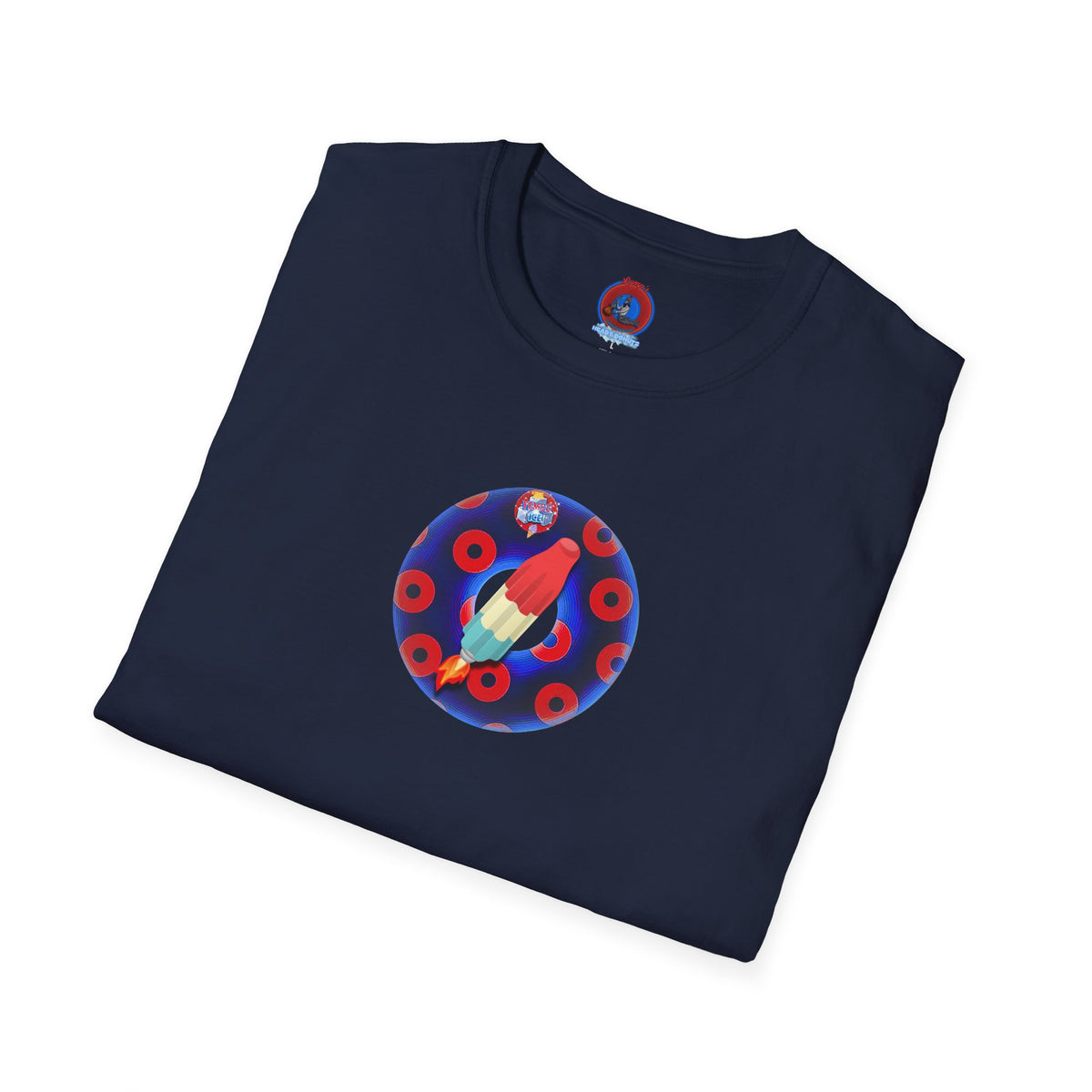 Classic Donut Tee - Unisex Soft-Style - "Blow this Popsicle Stand" - blue/red paradox bomb pop donut - variant 2