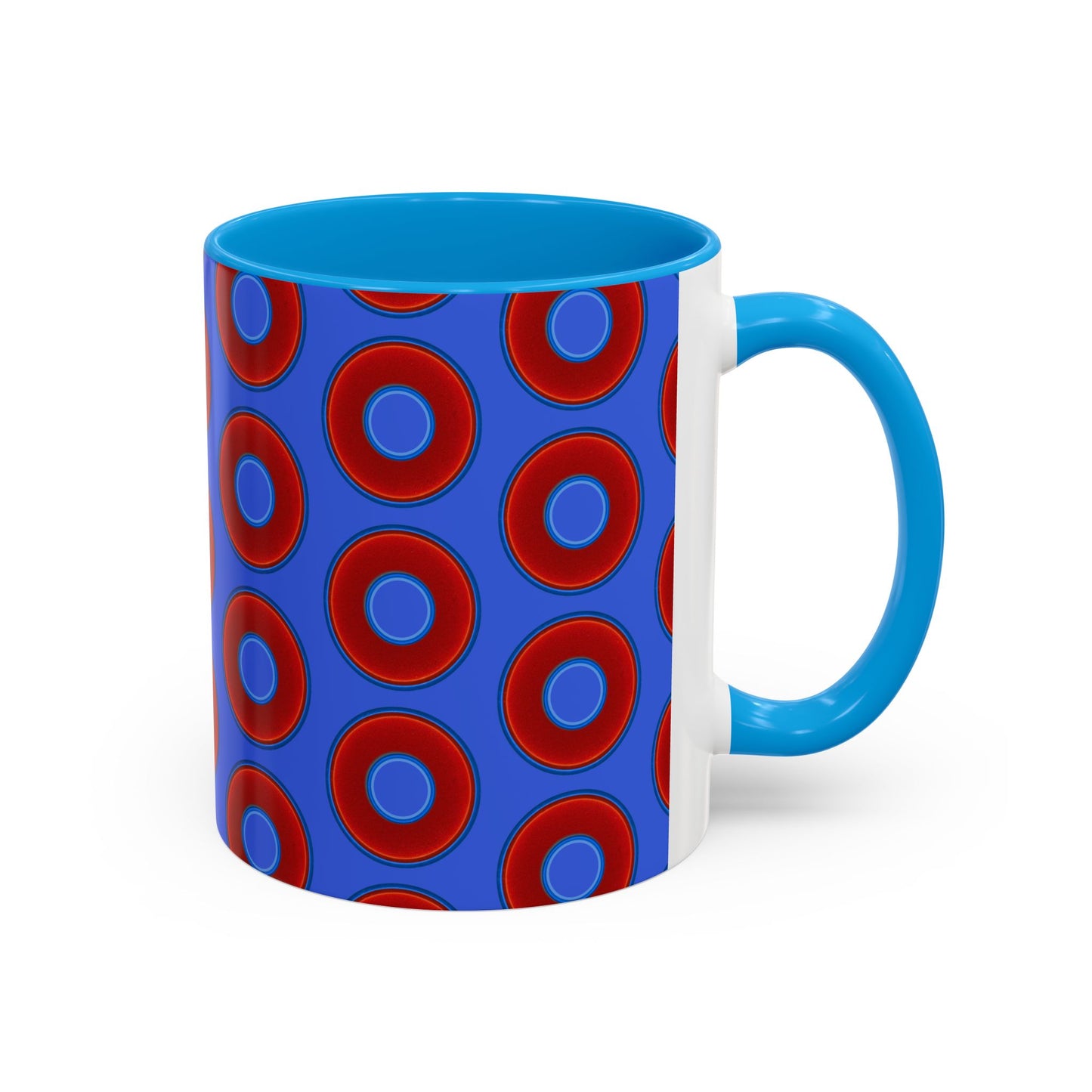 Lump's Grumpy Coffee Mug - vivid red donuts w/royal blue background