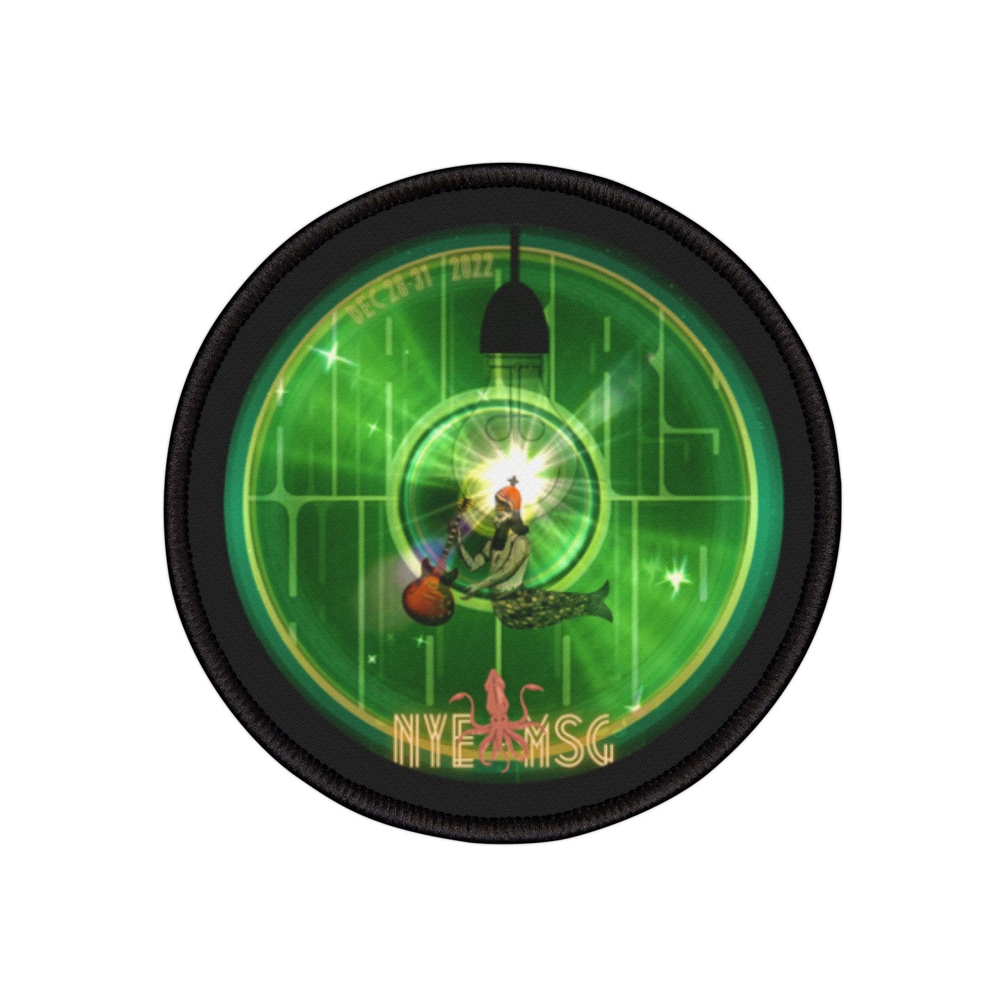 Iron-On Donut Patch - "NYE Donut - MSG Dec 28-31 2022 Patch" - vivid green mirrored donut