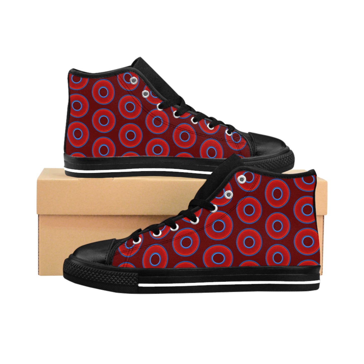Cushiony Convectors - High Tops - red vivid donuts w/dark red background