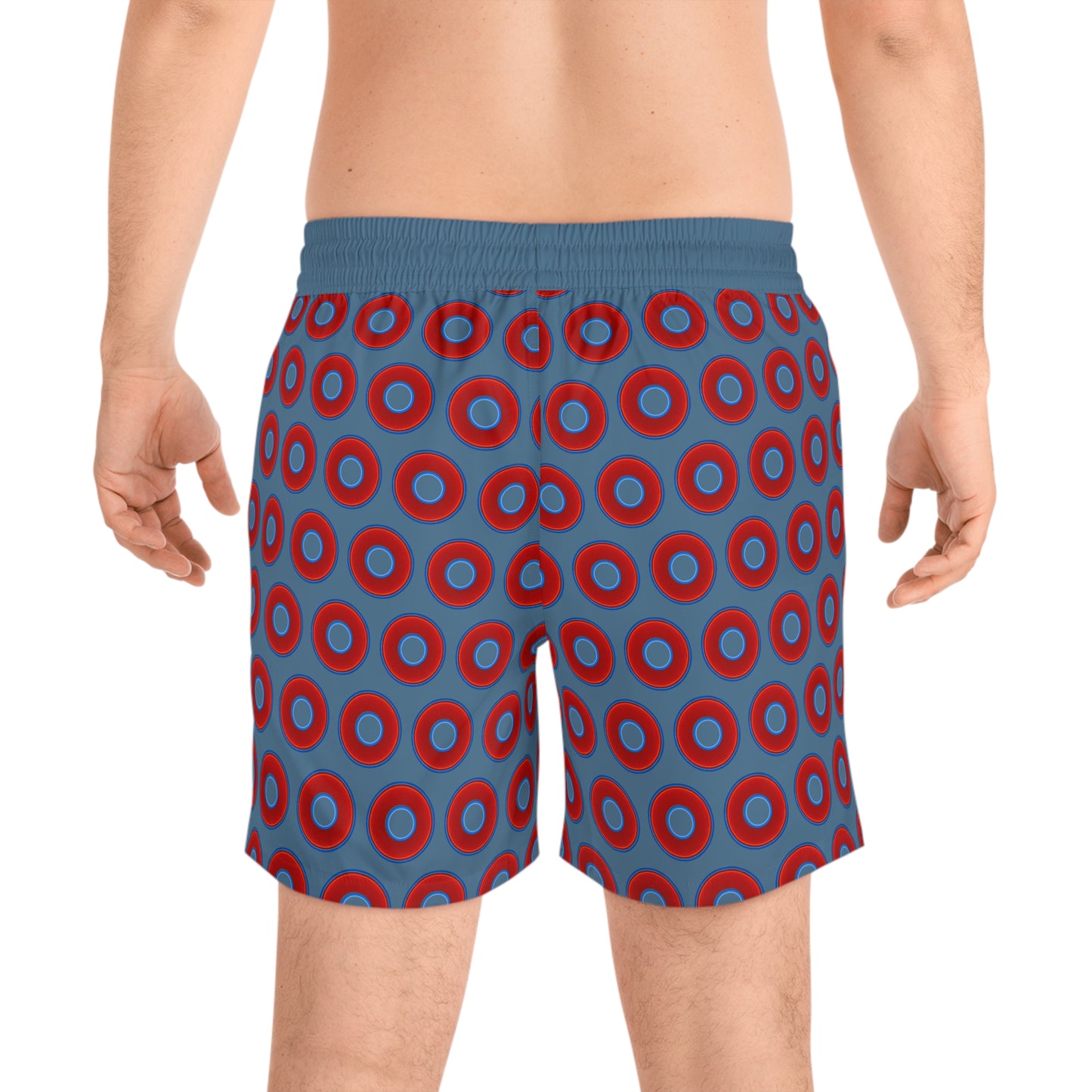 Men's Lumpy Swim Trunks - vivid red donut print w/steel blue background