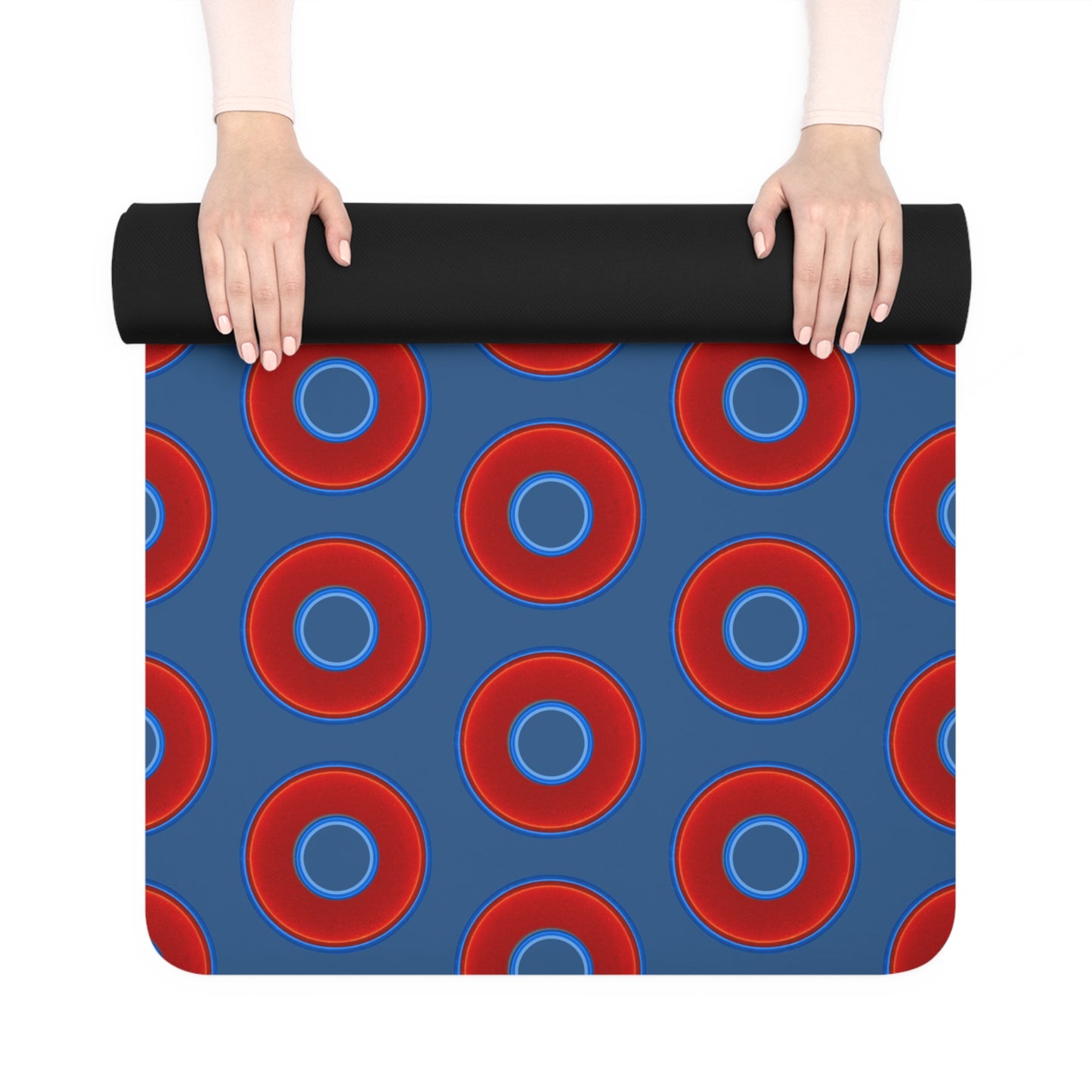 Lumpy Donut Yoga Mat :) - 24″ x 70" - vivid red donut print w/light navy blue background