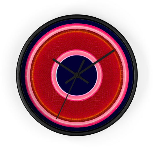 Lumpy Wall Clock - red rustic donut w/pink edging - variant 6 w/midnight blue background