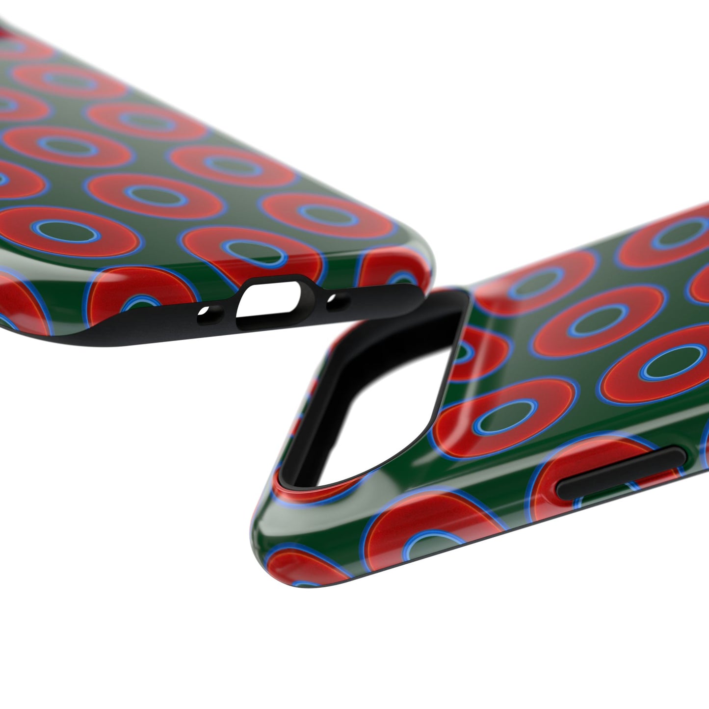 Impact-Resistant Lumpy Donut Case - red vivid donut print w/dark pond green background
