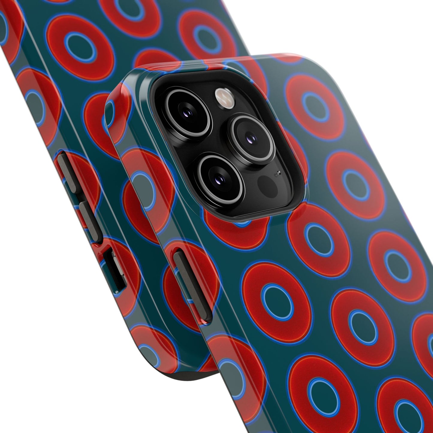 Impact-Resistant Lumpy Donut Case - red vivid donut print w/midnight green background