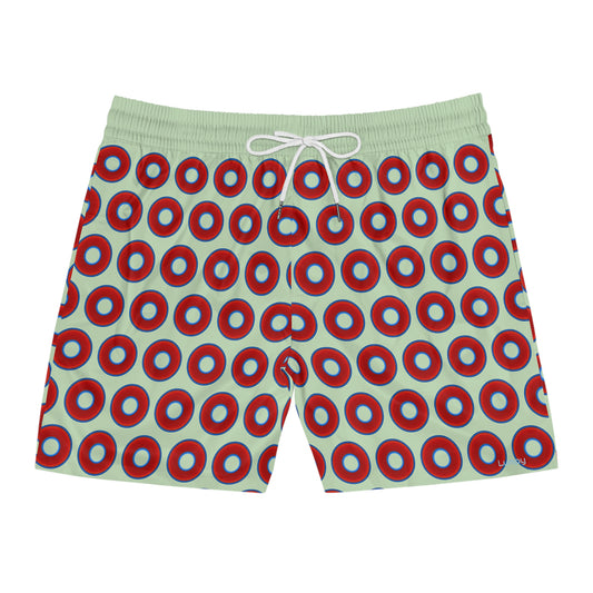 Men's Lumpy Swim Trunks - vivid red donut print w/seafoam background