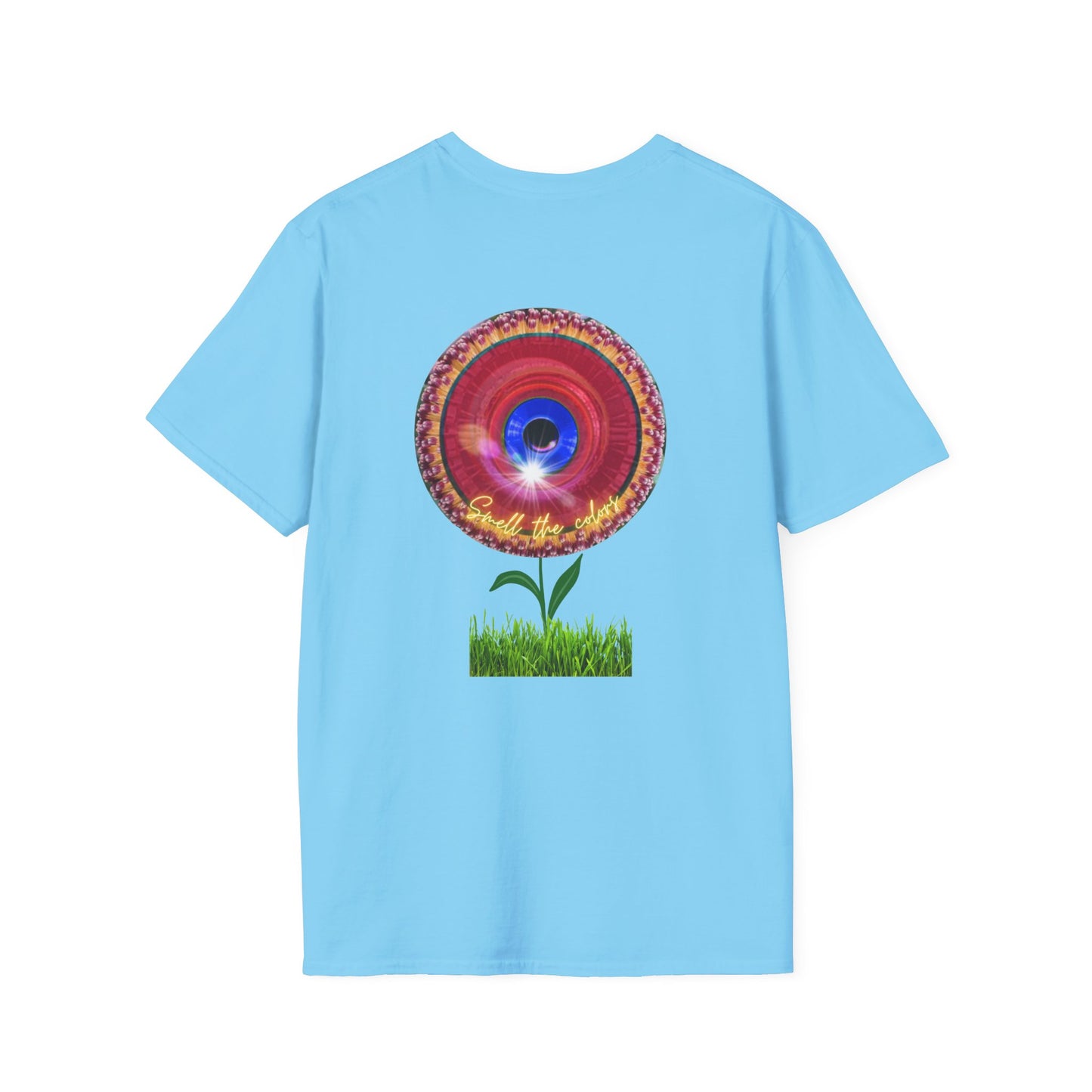 Classic Donut Tee - Unisex Soft-Style - "Smell the Donuts Outside on my Lawn"  " variant 2 - blue donut on red donut/flower