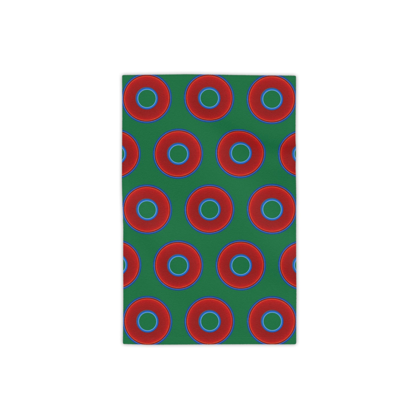 Lumpy Donut Towels - vivid red donuts w/green background