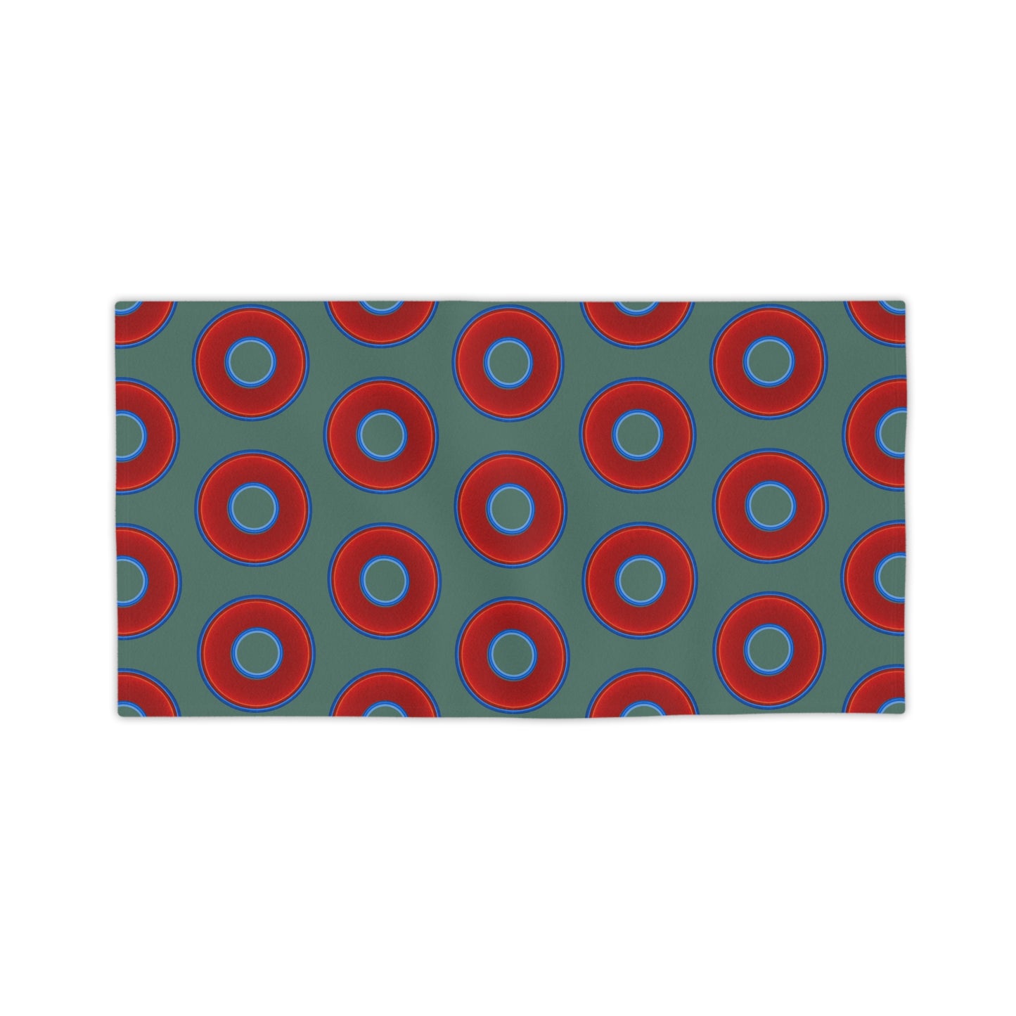 Lumpy Donut Towels - vivid red donuts w/Fenway green background