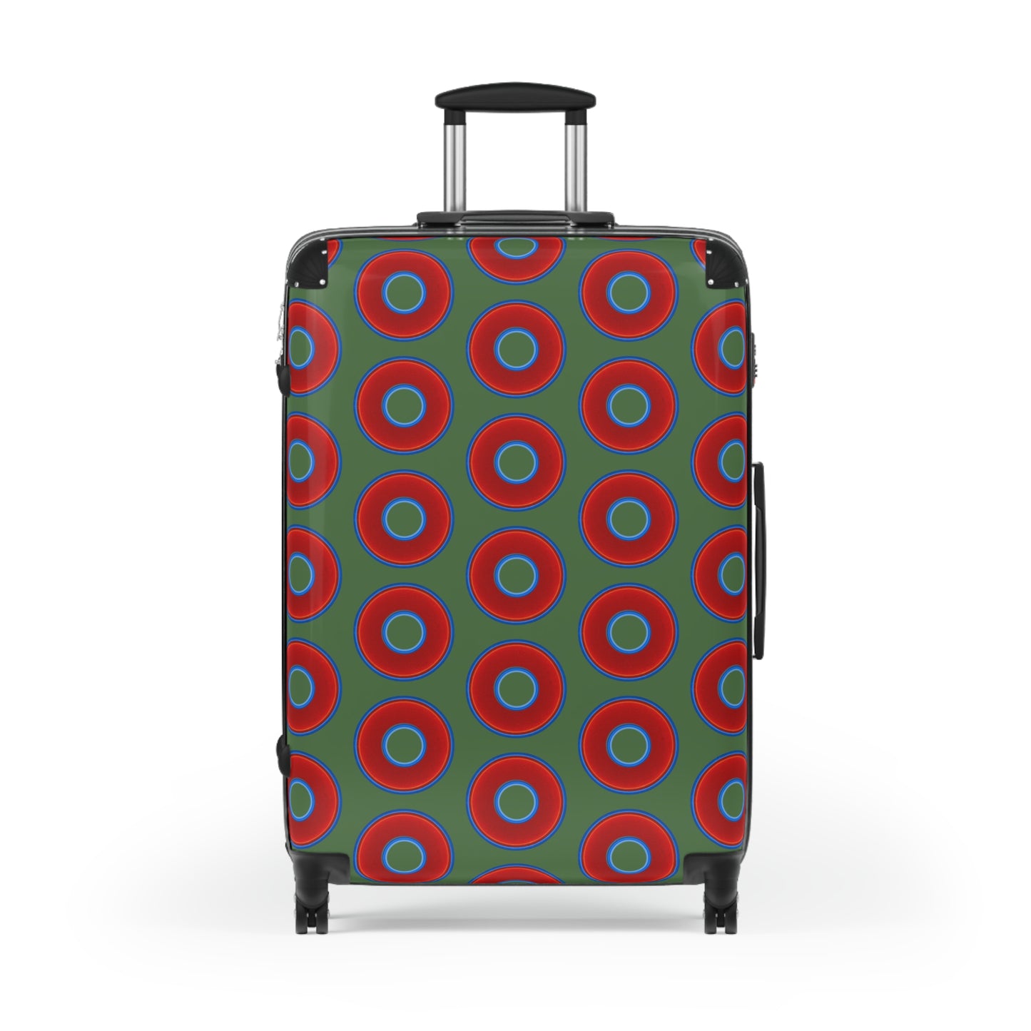 The Very Lumpy Donut Suitcase series - your choice of S, M or L - vivid red donut print w/dark Fenway green background
