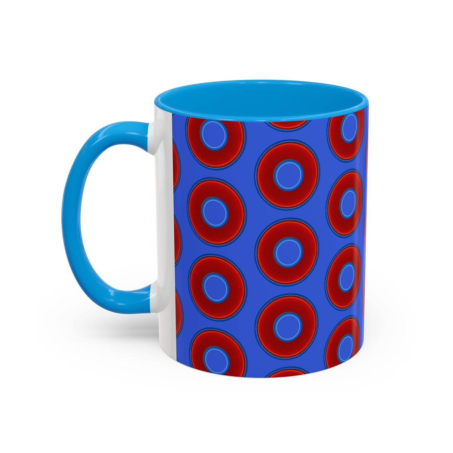 Lump's Grumpy Coffee Mug - vivid red donuts w/royal blue background