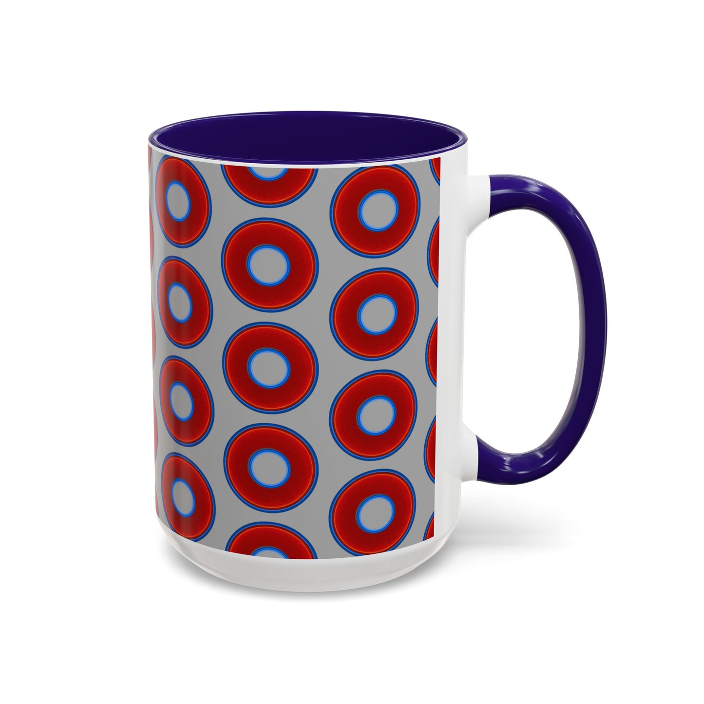 Lump's Grumpy Coffee Mug - vivid red donuts w/light gray background