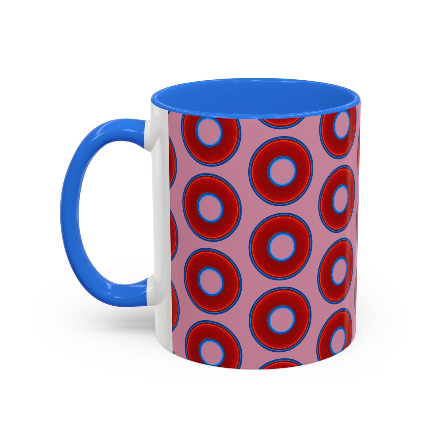 Lump's Grumpy Coffee Mug - vivid red donuts w/pink background
