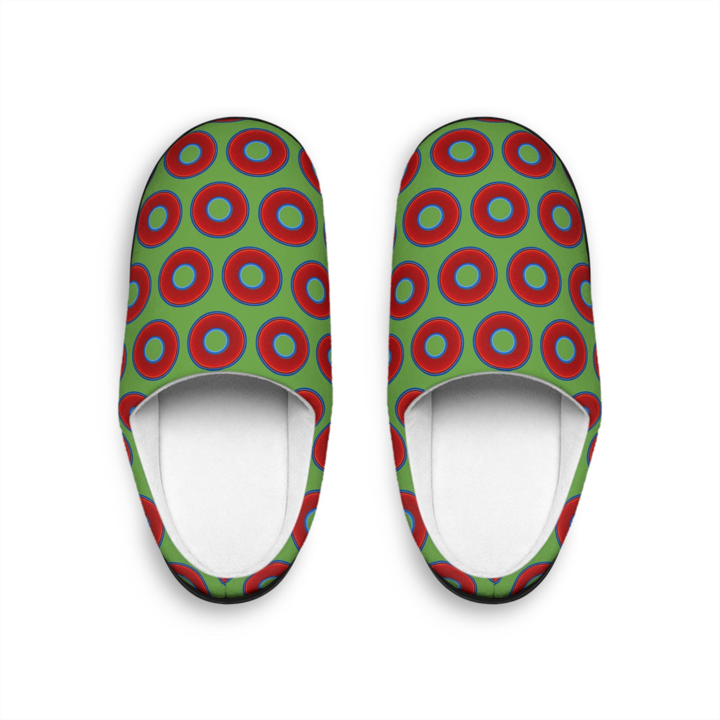 Women's Lumpy Slippers - red vivid donut print w/light green background