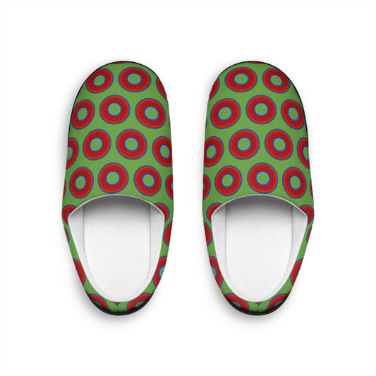 Women's Lumpy Slippers - red vivid donut print w/light green background