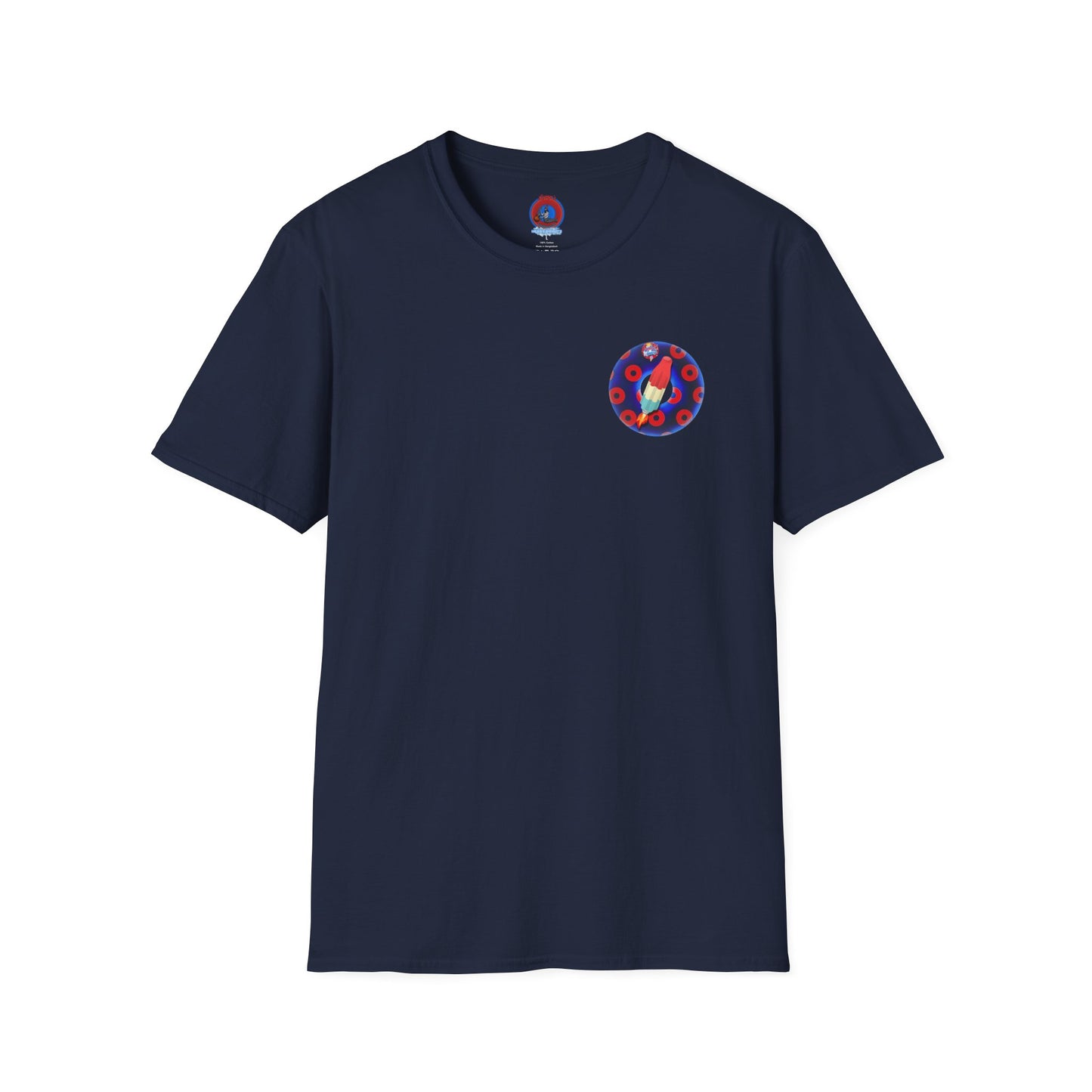 Classic Donut Tee - Unisex Soft-Style - "Blow this Popsicle Stand" - blue/red paradox bomb pop donut - variant 2