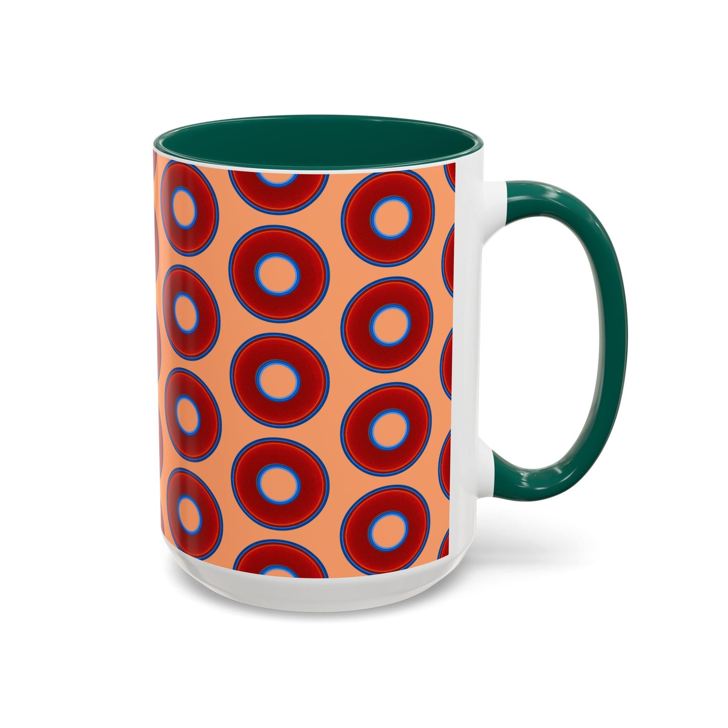Lump's Grumpy Coffee Mug - vivid red donuts w/peach background