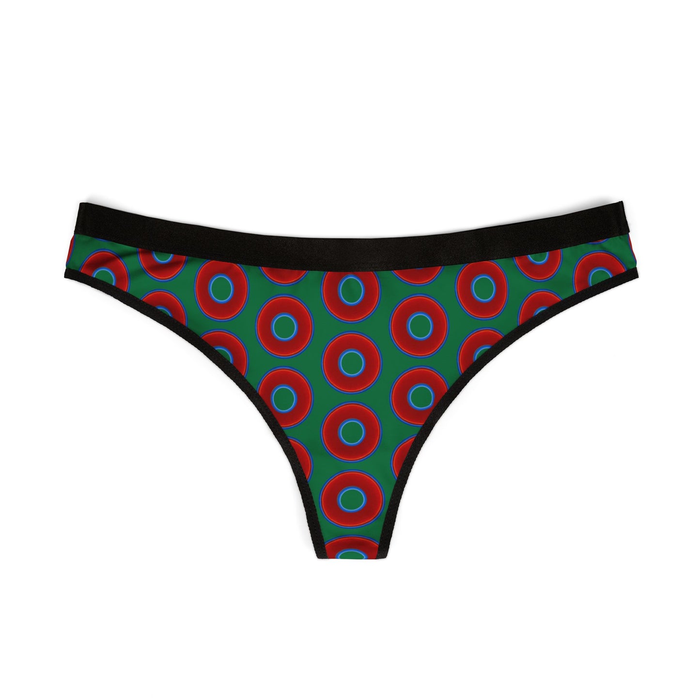 Lumpy Donut Thongs - red vivid donut print w/green background