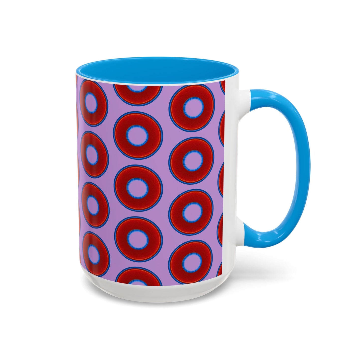 Lump's Grumpy Coffee Mug - vivid red donuts w/wisteria purple background