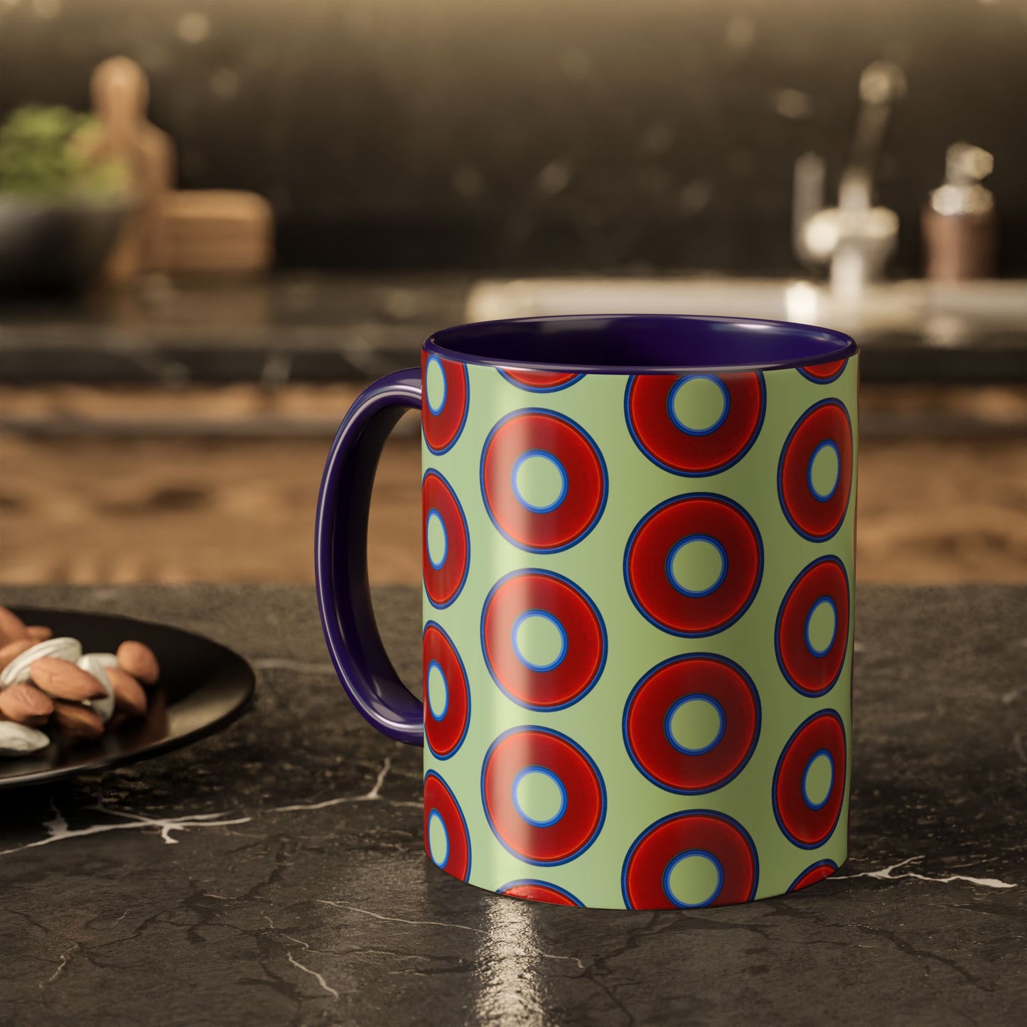 Lump's Grumpy Coffee Mug - vivid red donuts w/seafoam background