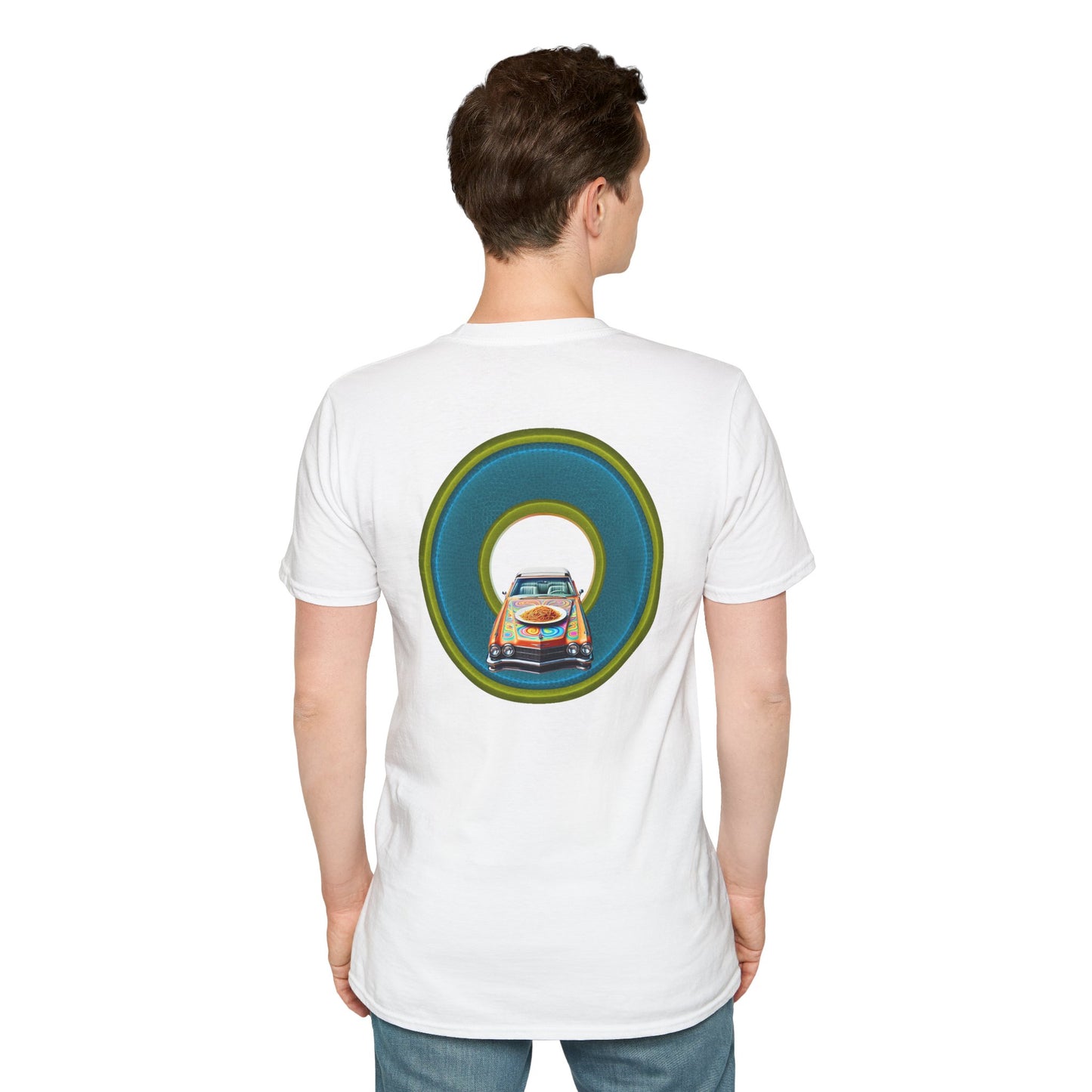Classic Donut Tee - Unisex Soft-Style - "Cadillac Rainbow Spaghetti Incident" - series 1.0  - variant 1 - blue/green donut