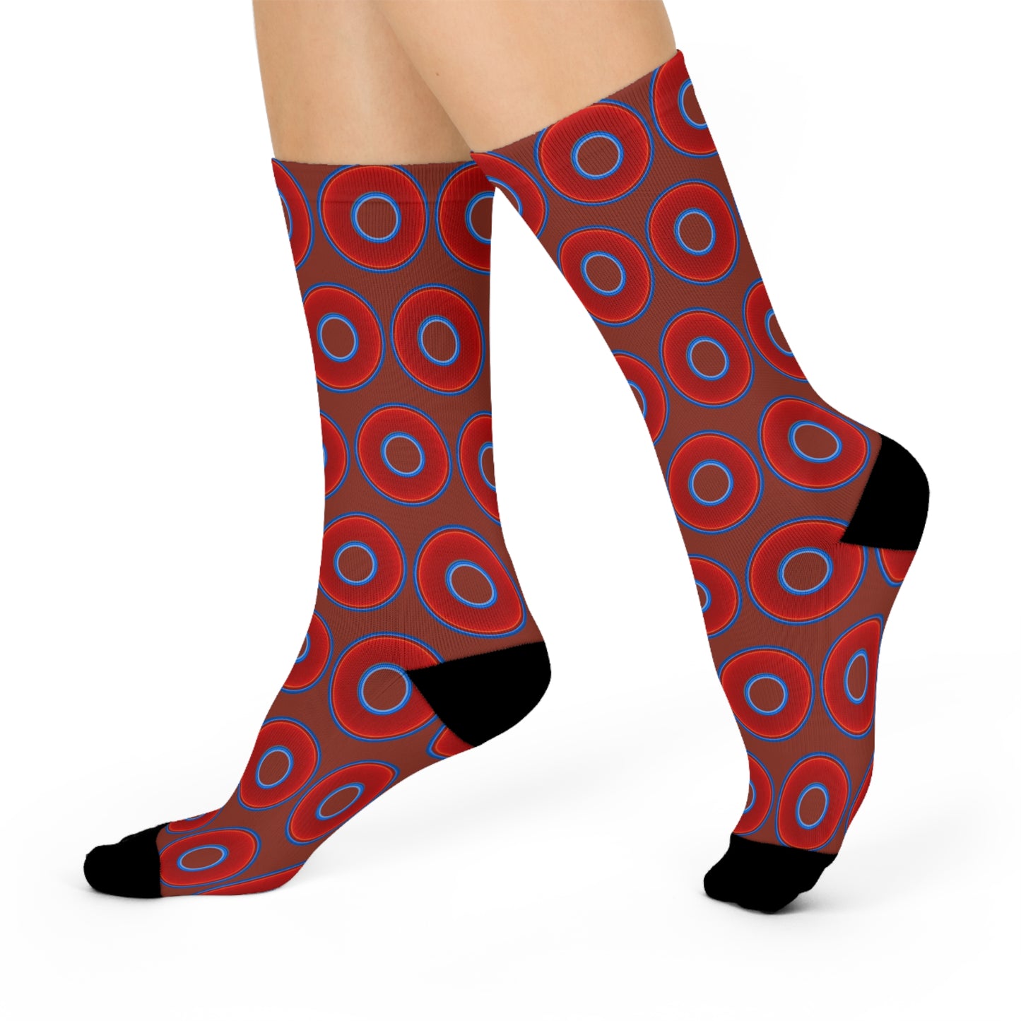 Lumpy Sox - cushioned crew - vivid red donut print w/burnt umber background