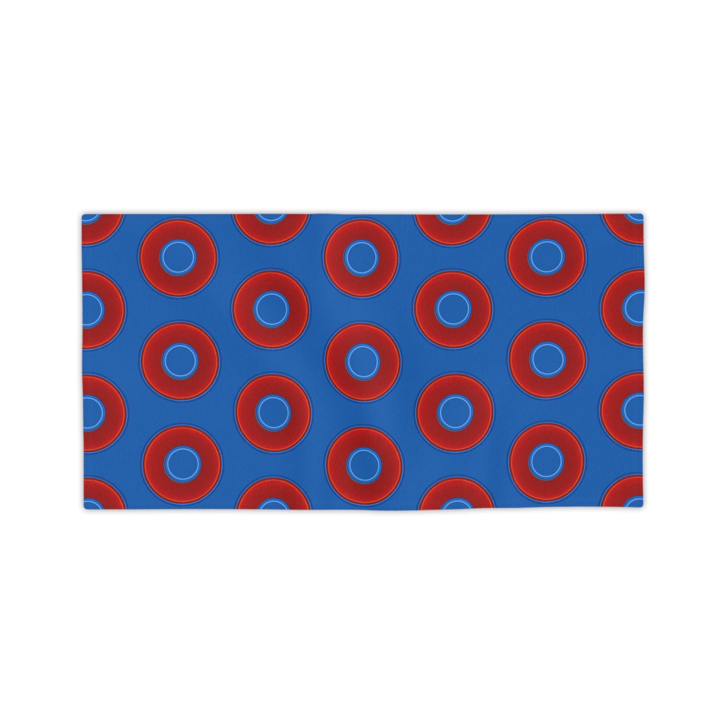 Lumpy Donut Towels - vivid red donuts w/dark royal blue background