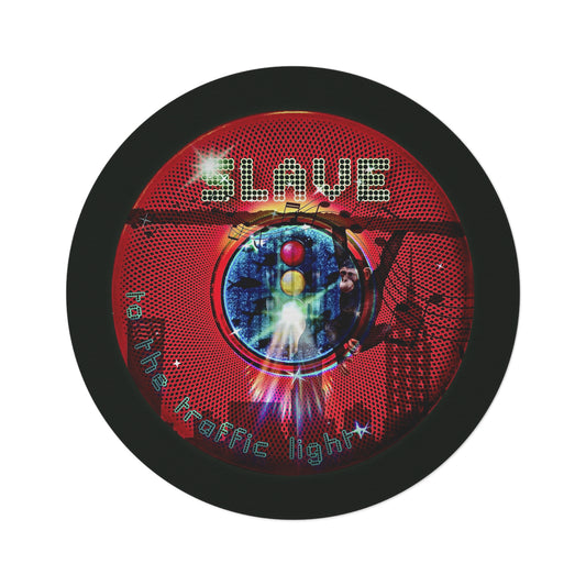 Round Room - 5 ft x 5 ft Lumpy Donut Rug - "Slave to This Cozy Donut Rug" - red phatty donut w/midnight moss green background