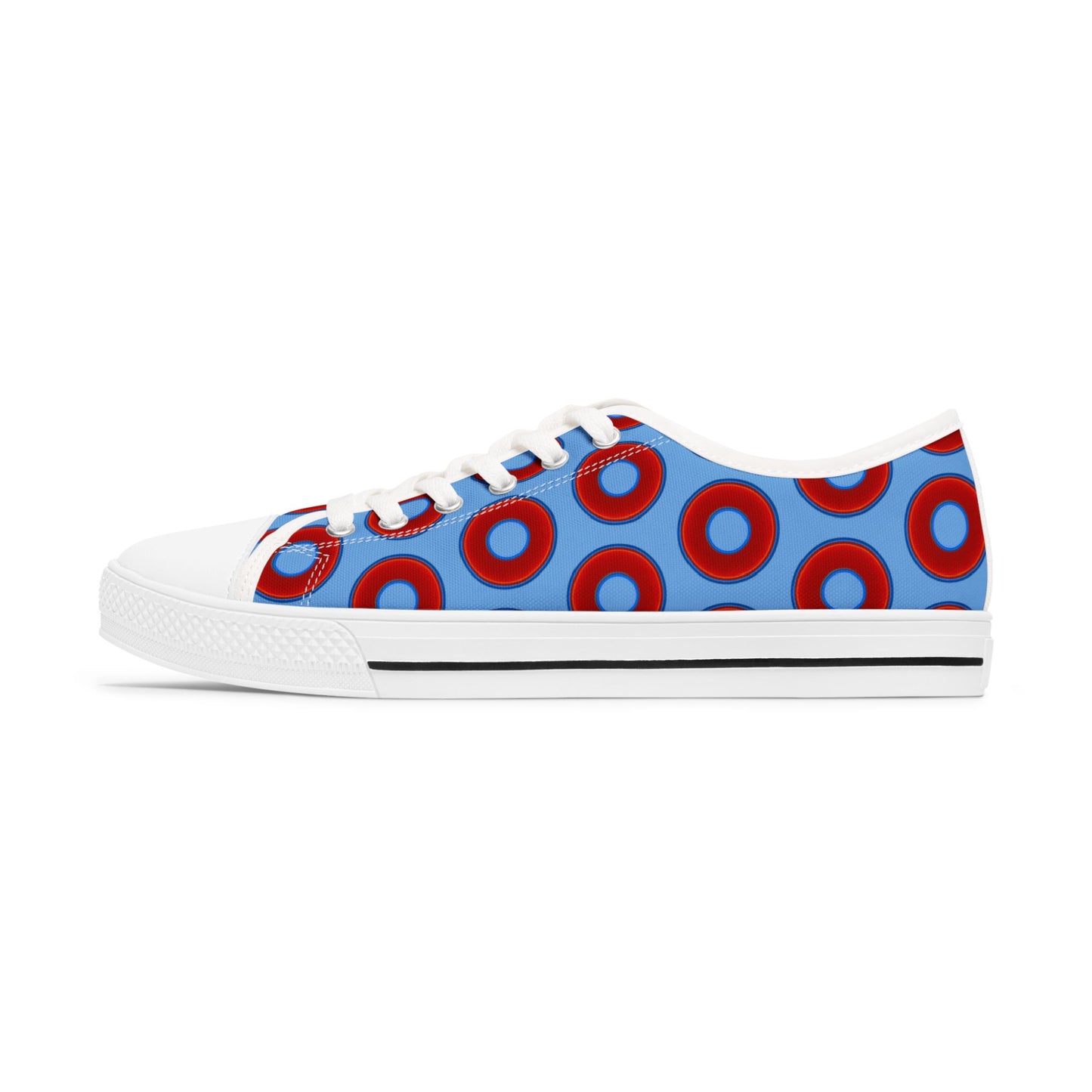Women's - Low Top Chuck Taylors - large vivid red donut print w/light blue background