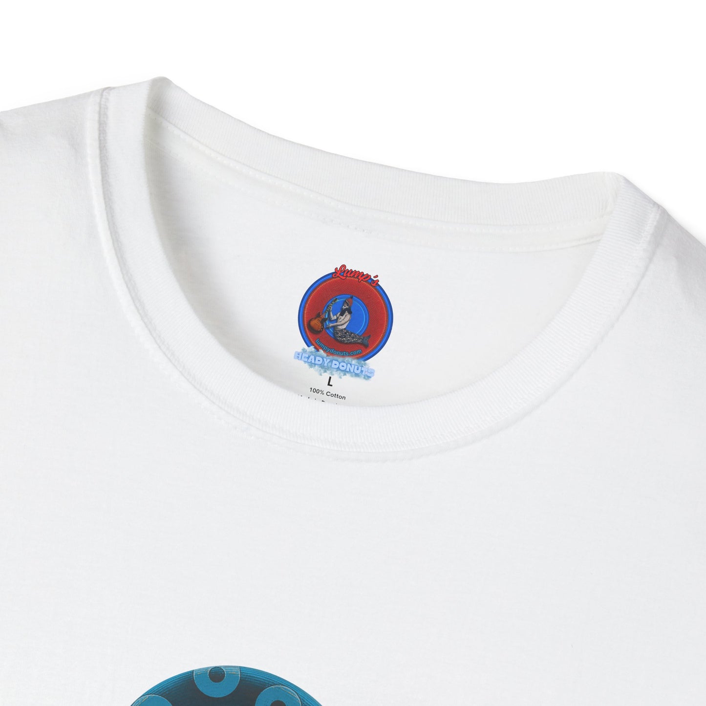 Lumpy Coffee Traders Tee - Unisex Soft-Style - "Good to Last Leaky Drop" - paradoxical donut - variant 2 - ocean donut front/logo back