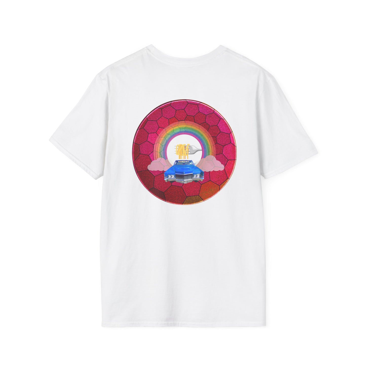 Classic Donut Tee - Unisex Soft-Style - "Cadillac Rainbows Donut Tee " - variant 2 - magenta hexadonut w/blue caddy