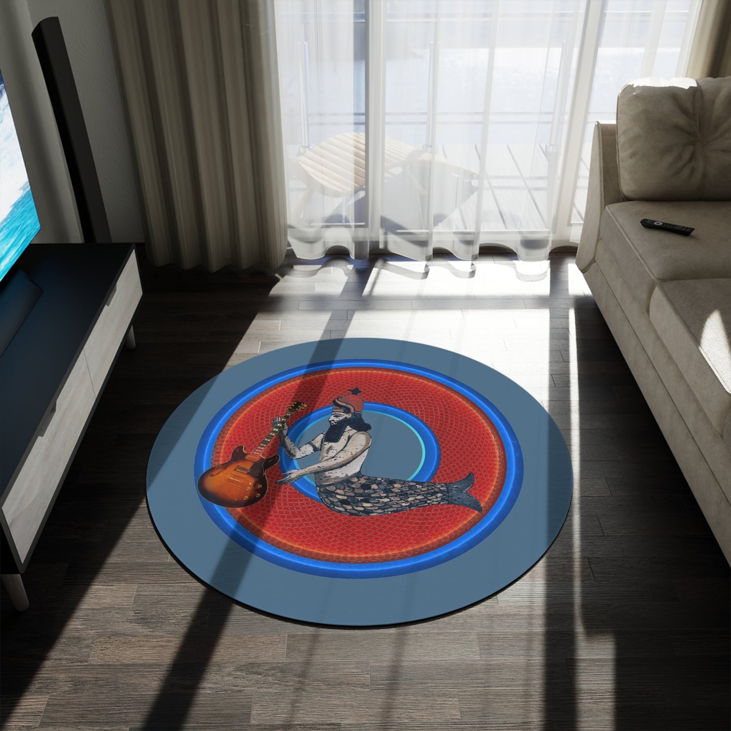 Round Room - 5 ft x 5 ft Lumpy Donut Rug - "Doggone Dagon Donut Rug" - rustic red/blue donut w/steel blue background - variant 1
