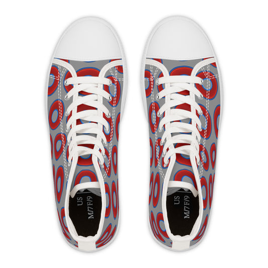 Women's High Top Chuck Taylors - large vivid red donut print w/gray background