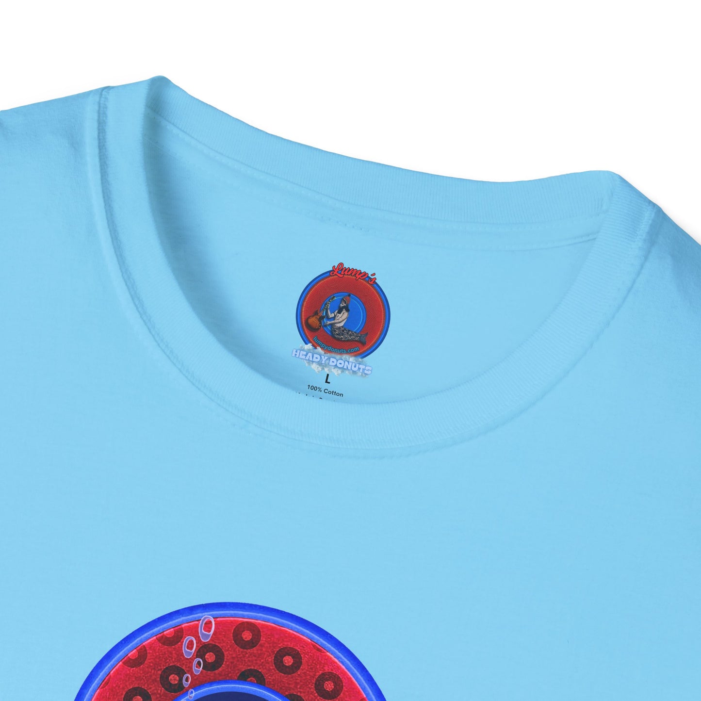Classic Donut Tee - Unisex Soft-Style - "The Cat's Meow Donut' - red/blue paradox widemouthed donut