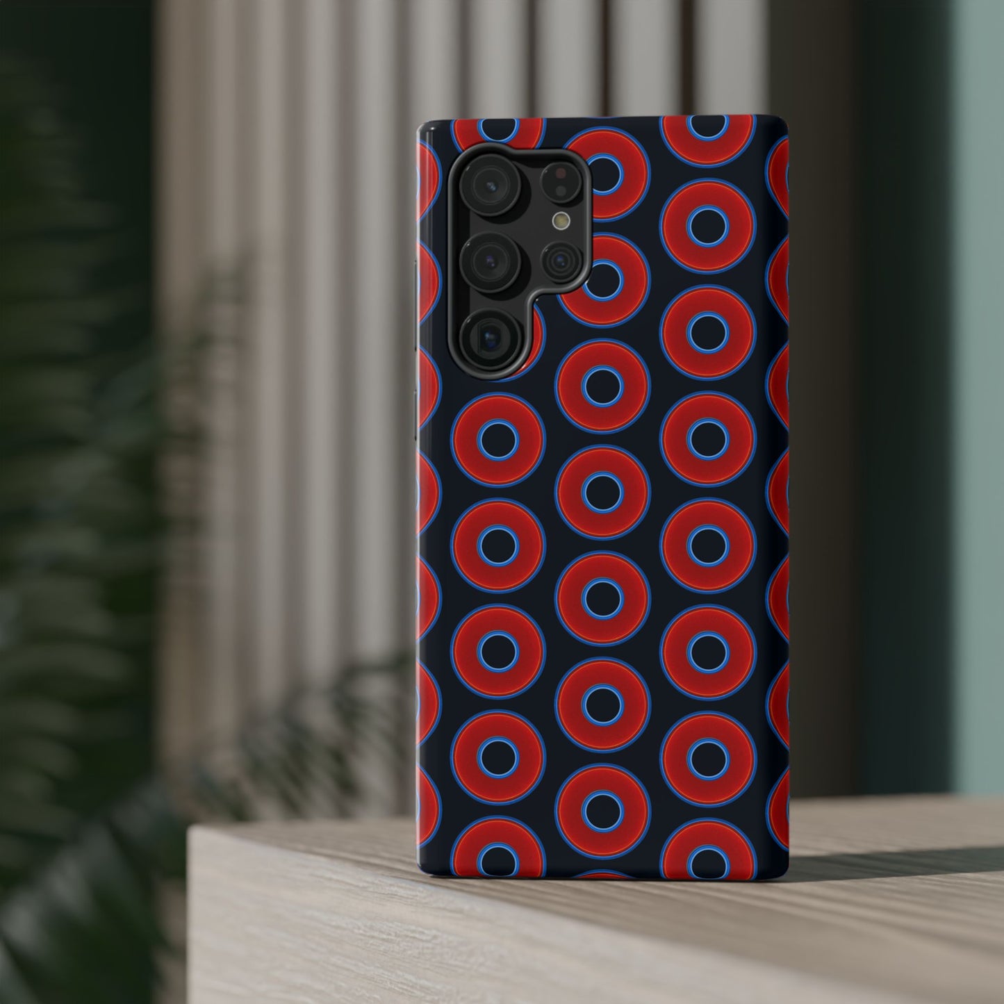 Impact-Resistant Lumpy Donut Case - red vivid donut print w/blue charcoal background