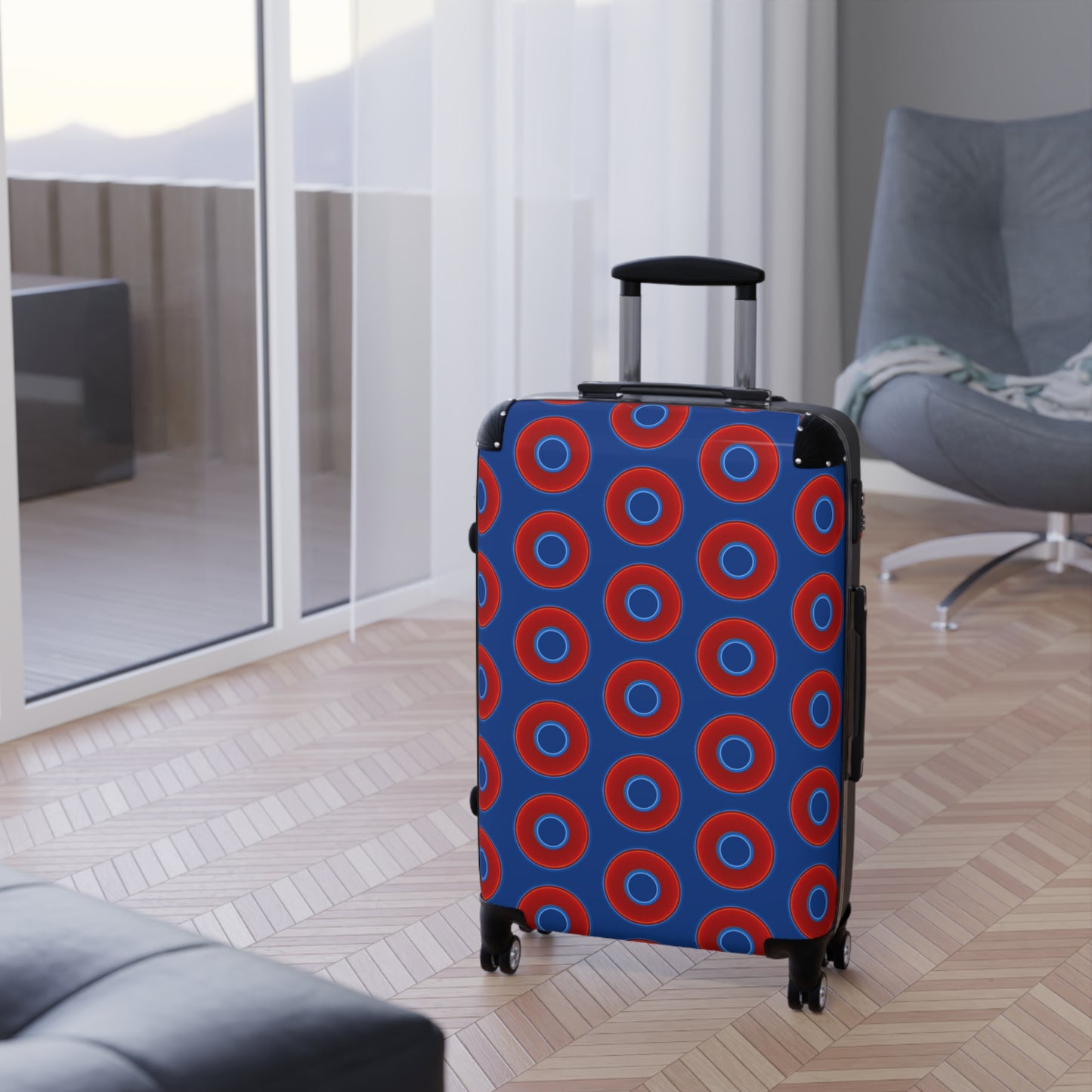 Very Lumpy Donut Suitcase series - your choice of S, M or L - vivid red donut print w/dark blue background