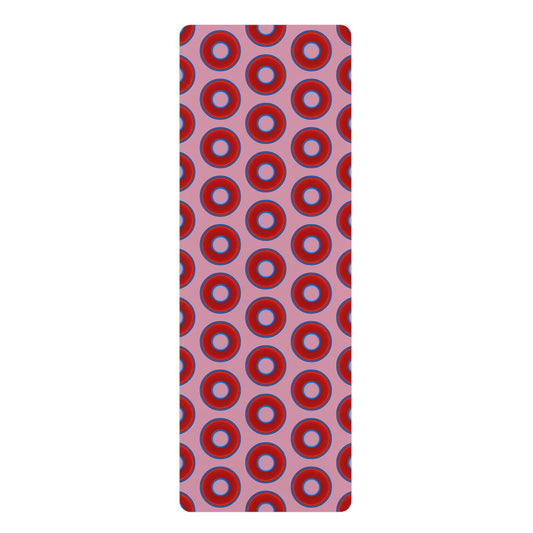 Lumpy Donut Yoga Mat :) - 24″ x 70" - vivid red donut print w/pale magenta background