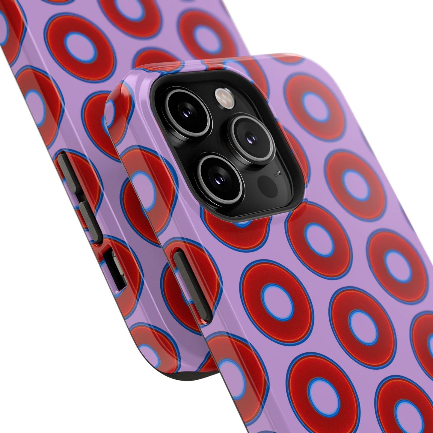 Impact-Resistant Lumpy Donut Case - red vivid donut print w/wisteria purple background