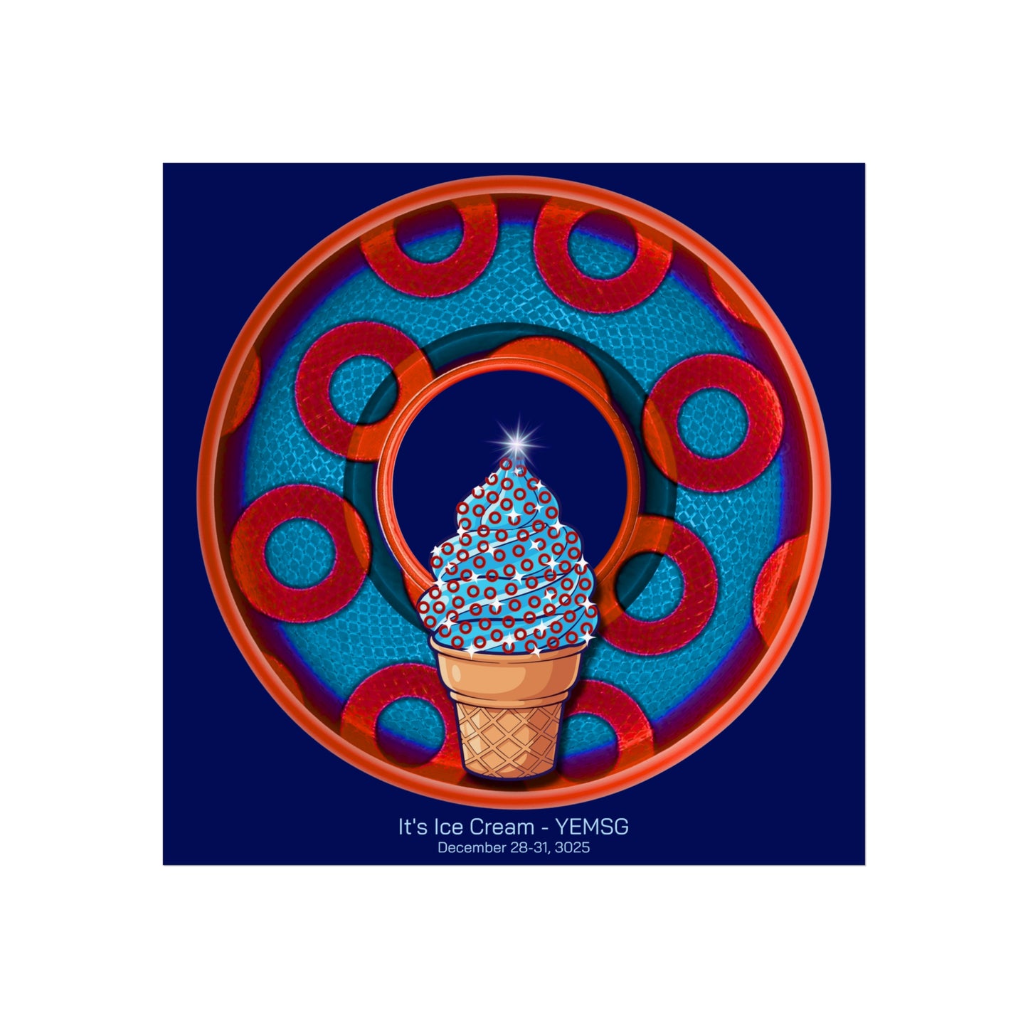 Lumpy Poster Nuts - "It's Ice Cream - YEMSG Soft Serve" - 24" x 24" 220gsm Giclée/matte  - rustic blue/red donut on dark blue background