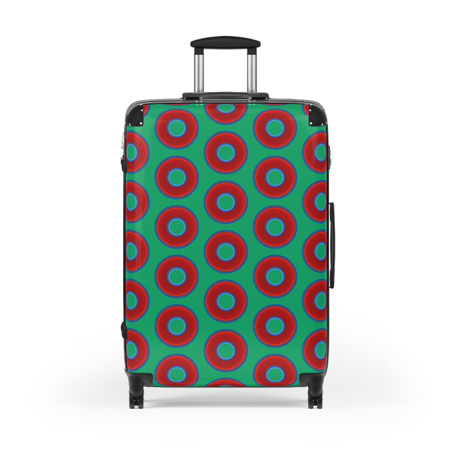 The Very Lumpy Donut Suitcase series - your choice of S, M or L - vivid red donut print w/jade green background