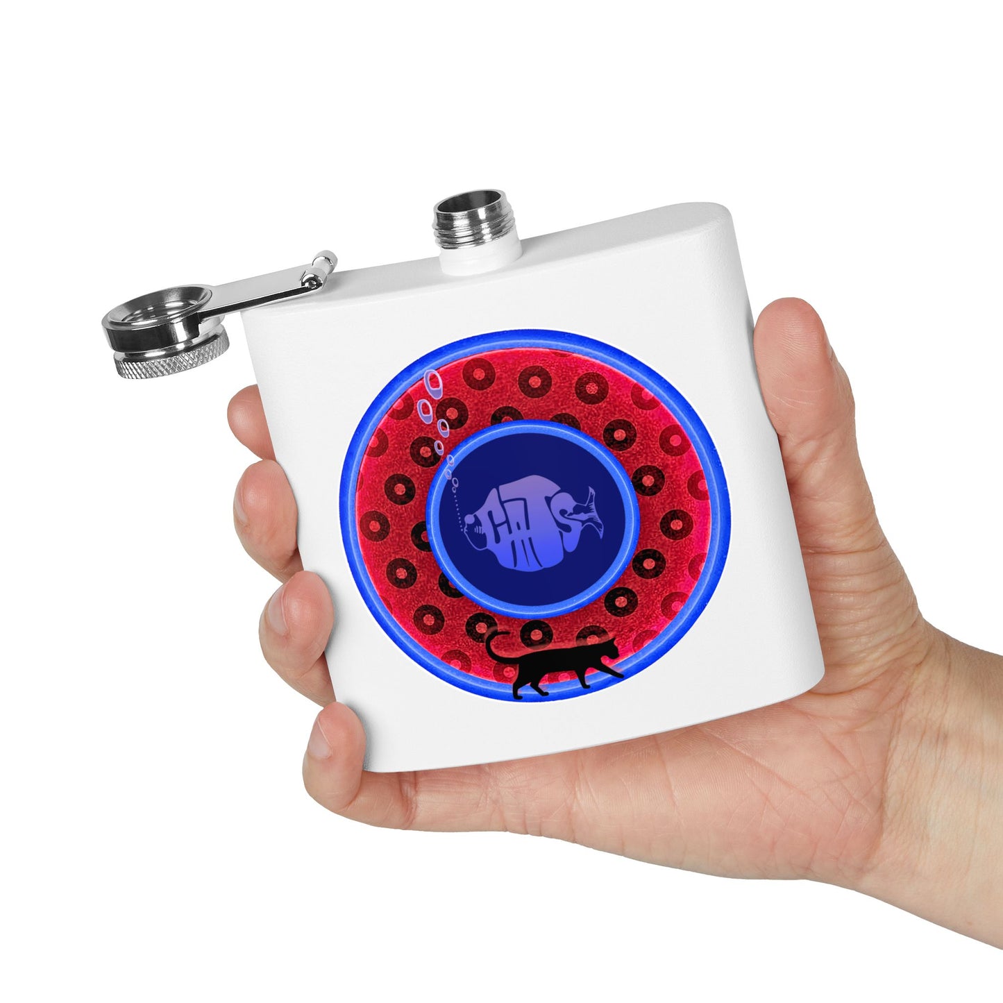 Lump's Donut Flask 6 oz -  red/blue widemouthed paradox donut - [*w/your choice of 6 backgrounds]