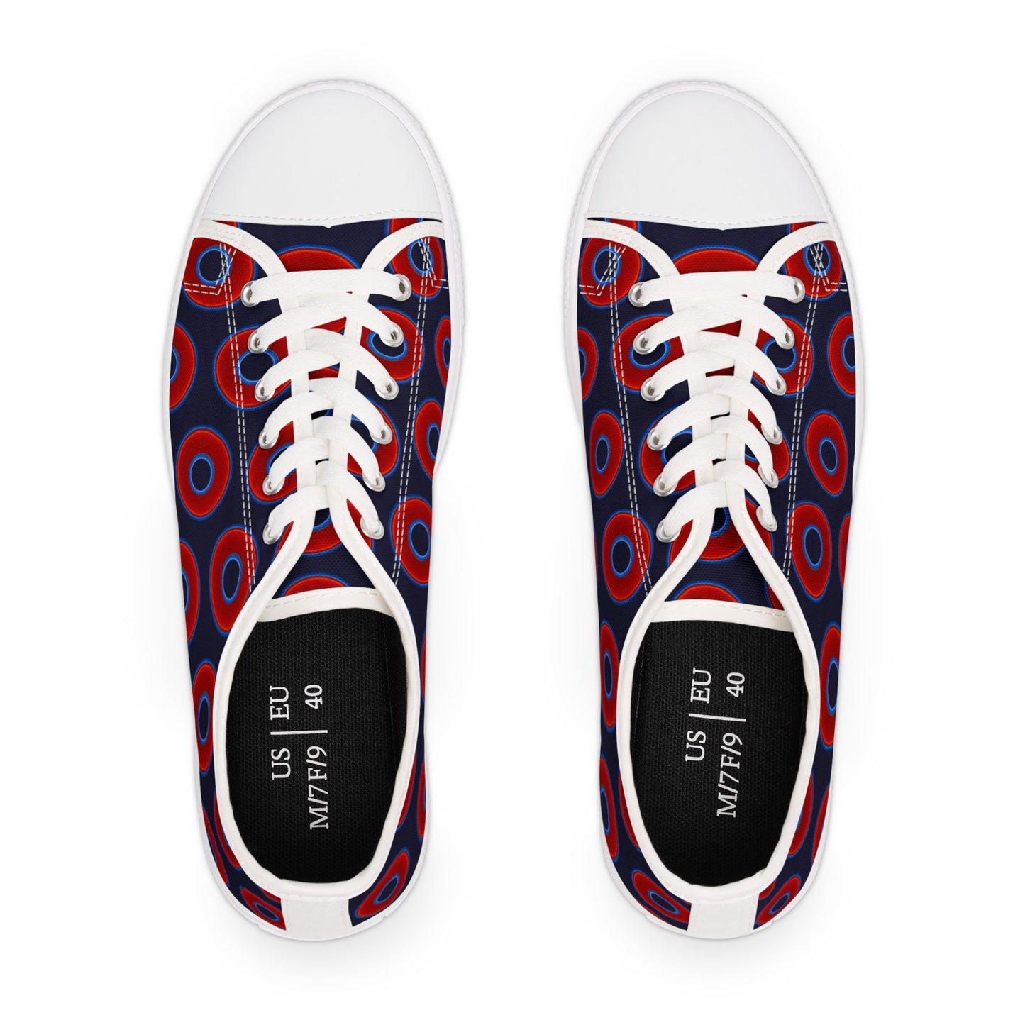Women's - Low Top Chuck Taylors - large vivid red donut print w/midnight blue background