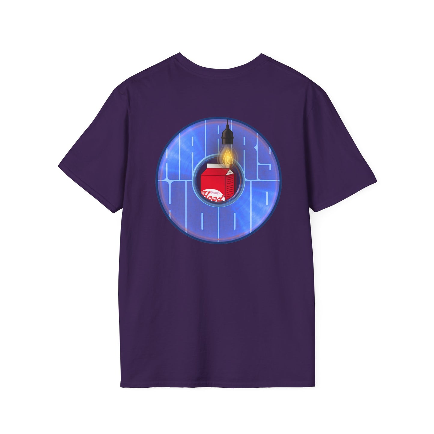 Classic Donut Tee - Unisex Soft-Style - "Harry Left His Donut Shirt" - series 1.0  - variant 4 - purple/blue donut - w/milk & light on