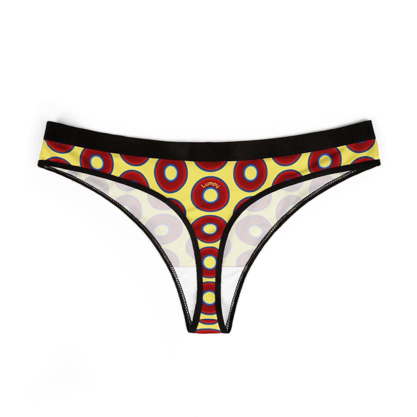 Lumpy Donut Thongs - red vivid donut print w/yellow background