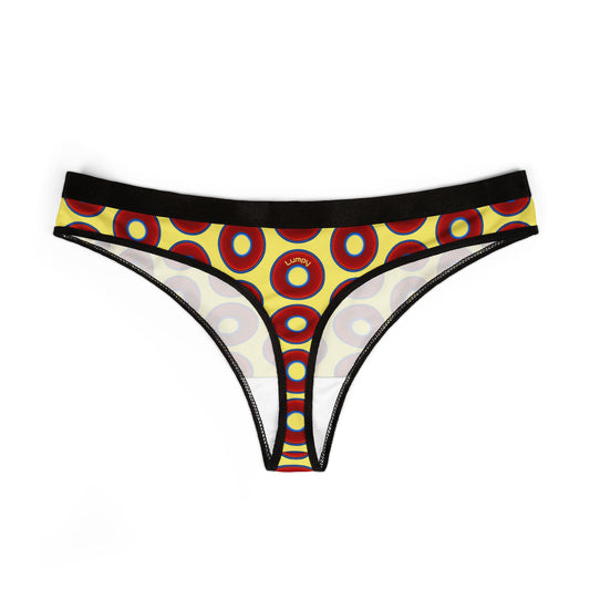 Lumpy Donut Thongs - red vivid donut print w/yellow background