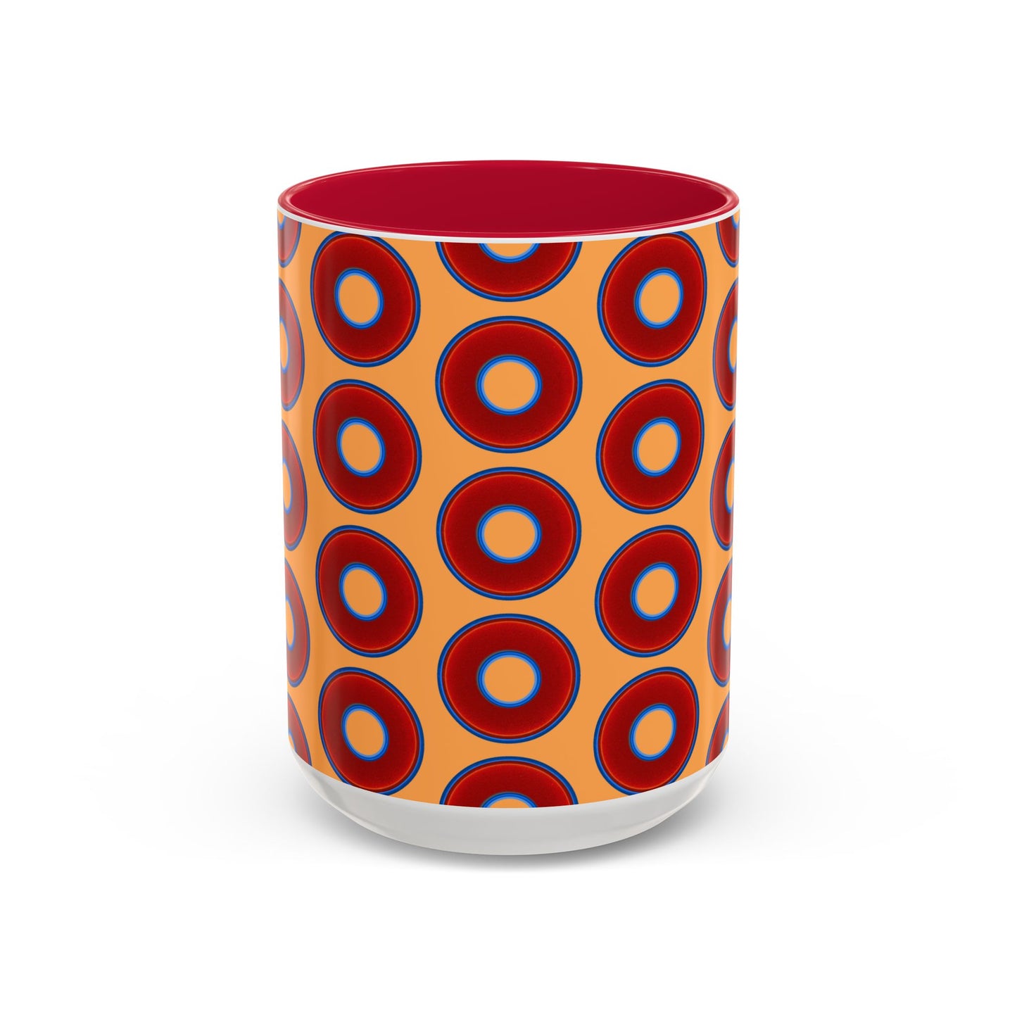 Lump's Grumpy Coffee Mug - vivid red donuts w/creamsicle orange background