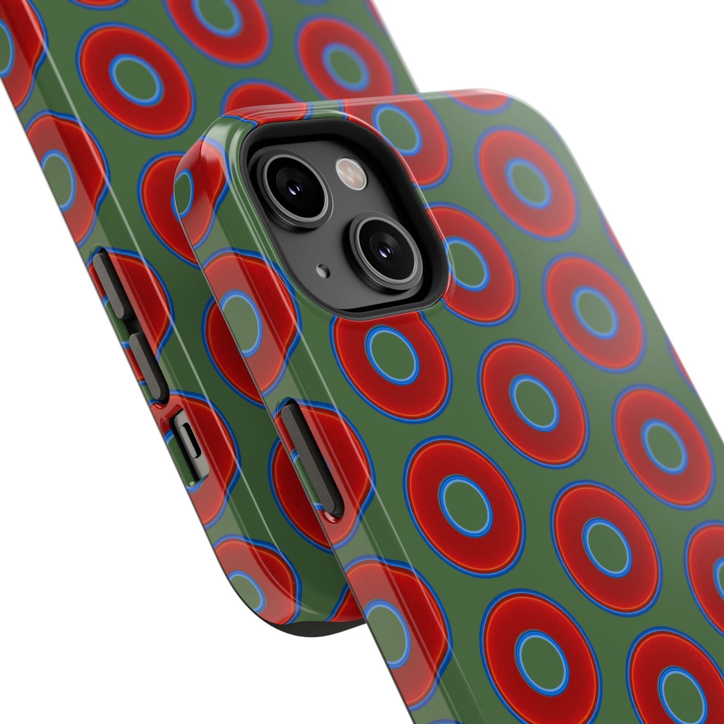 Impact-Resistant Lumpy Donut Case - red vivid donut print w/dark green background