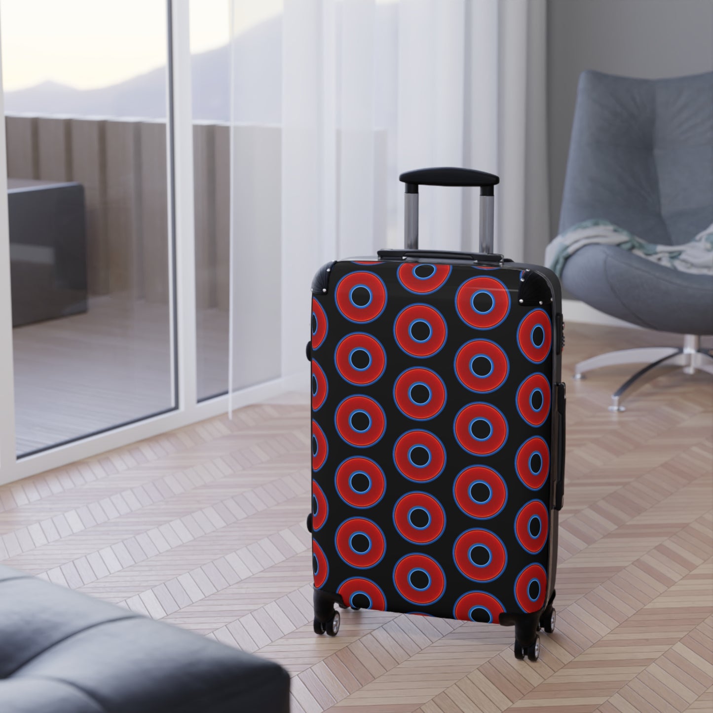 The Very Lumpy Donut Suitcase series - your choice of S, M or L - vivid red donut print w/black background